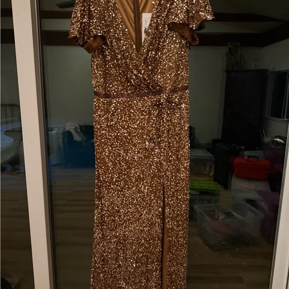 mac duggal brown dress Brown Long Sleeve Sequin Mini Dress